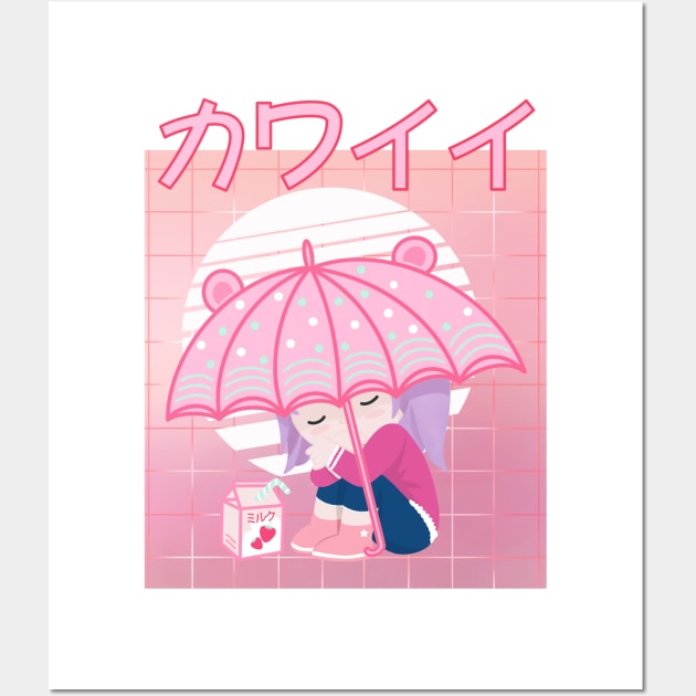 90s Japanese Kawaii Sad Girl Pink Japanese Strawberry Milk Wall Art by gogo-jr